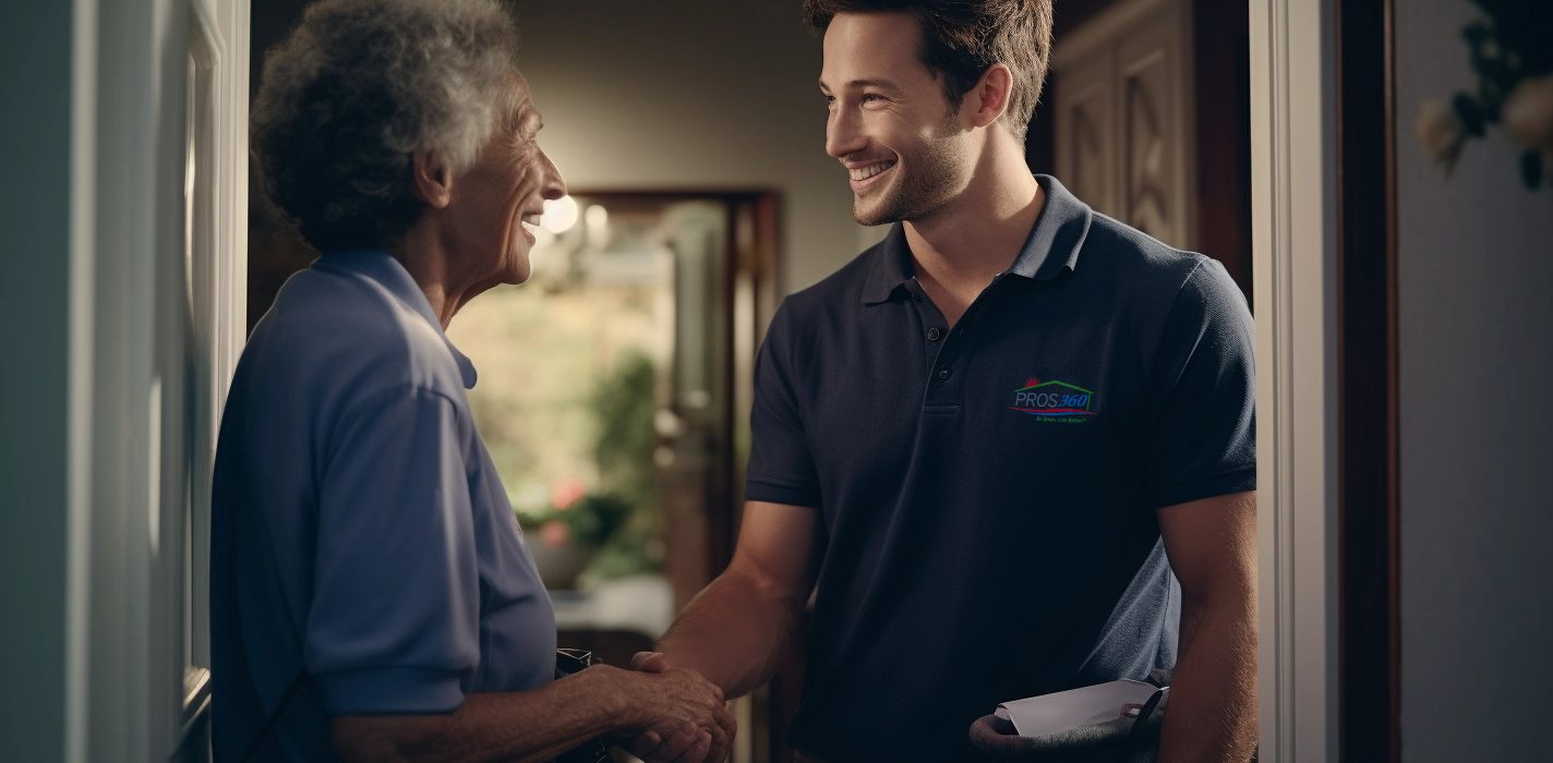 A Pros 360 technician greets a Burbank homeowner at their home to help them with their HVAC system.